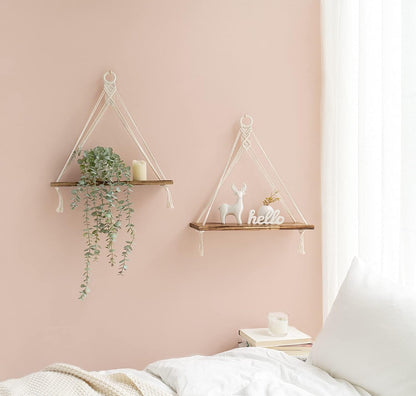 Macrame Hanging Shelves Boho Wall Decor Set of 2 Rustic Wood Floating Storage Shelf for Bedroom Bathroom Living Room Nursery Dorm Room, Display Shelving for Hanging Plants Photos