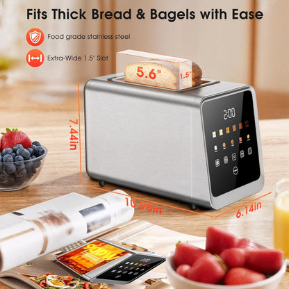 Toaster 2 Slice with Touchscreen, 1.5" Wide Slots & Memory Recall | 900W Stainless Steel Smart Digital Toasters | 6 Shade Settings for Bagels & Thick Bread | Defrost Reheat Single-Slice Mode