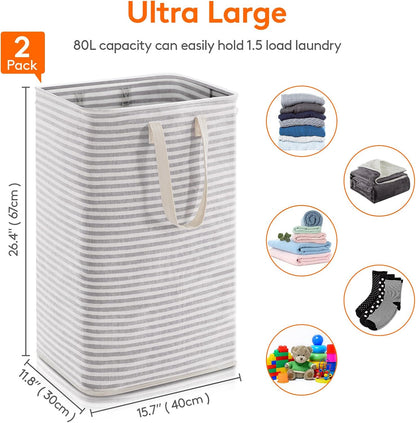 2 Pack Laundry Basket 80L Each, Collapsible Clothes Hamper with Reinforced Handles, Freestanding Waterproof Design for Bedroom and Laundry Room, Grey 160L Total