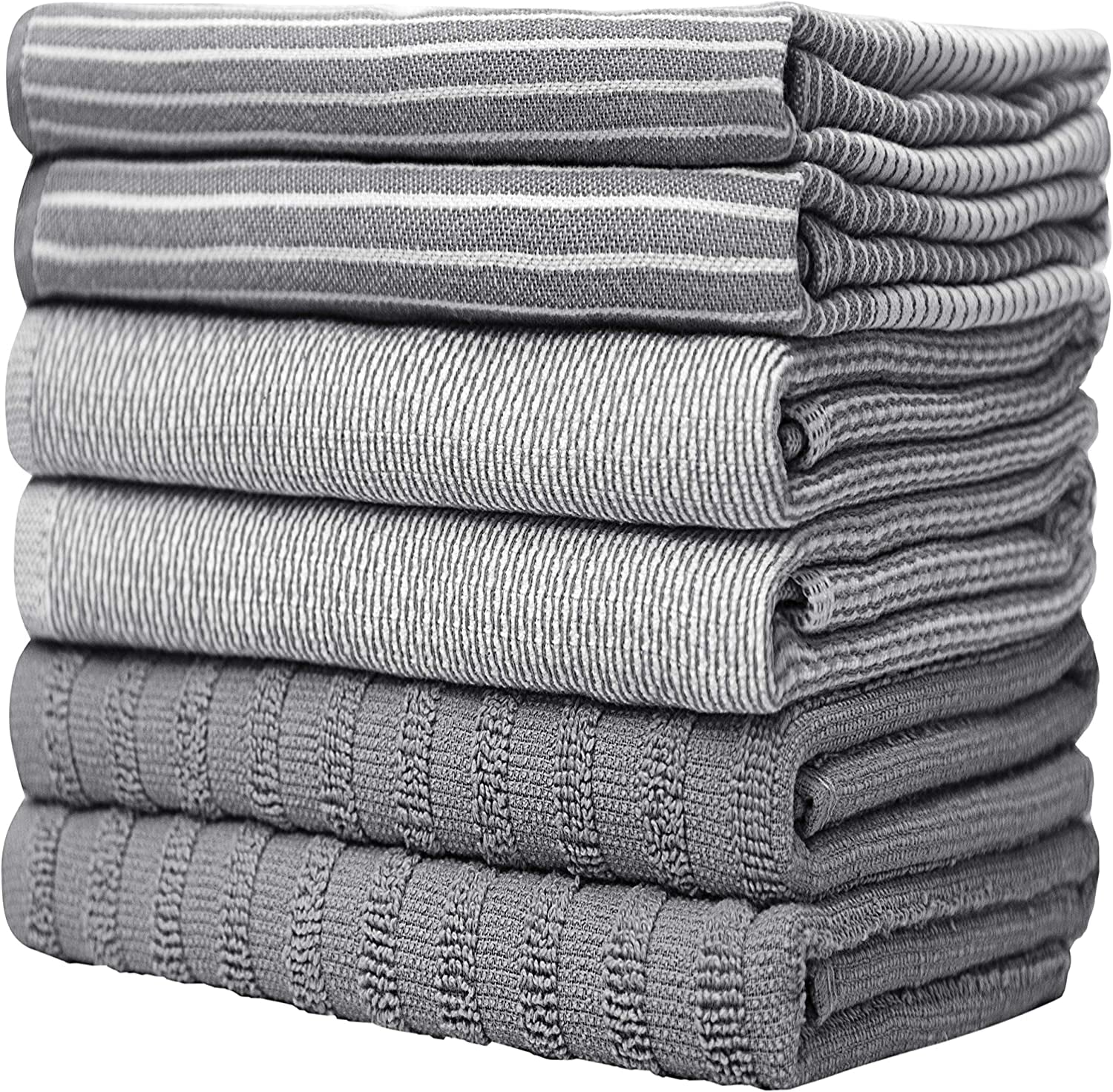 Premium Kitchen Towels (20”X 28”, 6 Pack) | Large Cotton Dish Towels | Flat & Terry Highly Absorbent Kitchen Linen Set with Hanging Loop | Gray
