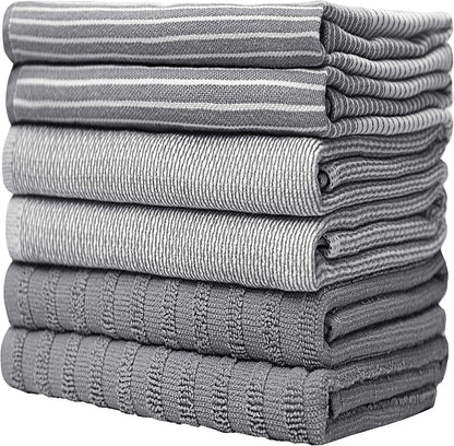 Premium Kitchen Towels (20”X 28”, 6 Pack) | Large Cotton Dish Towels | Flat & Terry Highly Absorbent Kitchen Linen Set with Hanging Loop | Gray