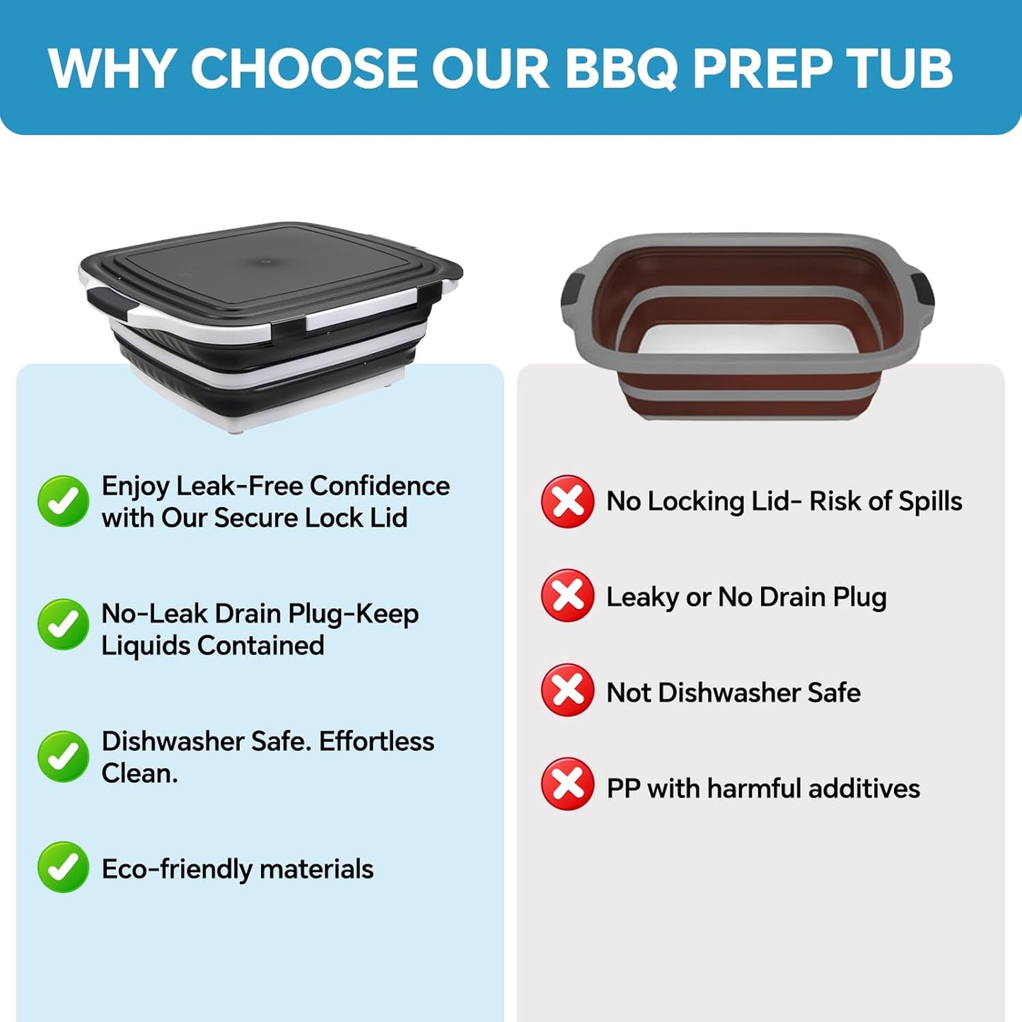 Collapsible BBQ Prep Tub for Meal Prep, Marinating,Food Storage, Picnics, Camping, Barbecues,Cutting Fruits and Vegetables - Includes Cutting Board and Locking Lid,(X-Large) Black