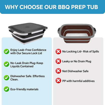 Collapsible BBQ Prep Tub for Meal Prep, Marinating,Food Storage, Picnics, Camping, Barbecues,Cutting Fruits and Vegetables - Includes Cutting Board and Locking Lid,(X-Large) Black