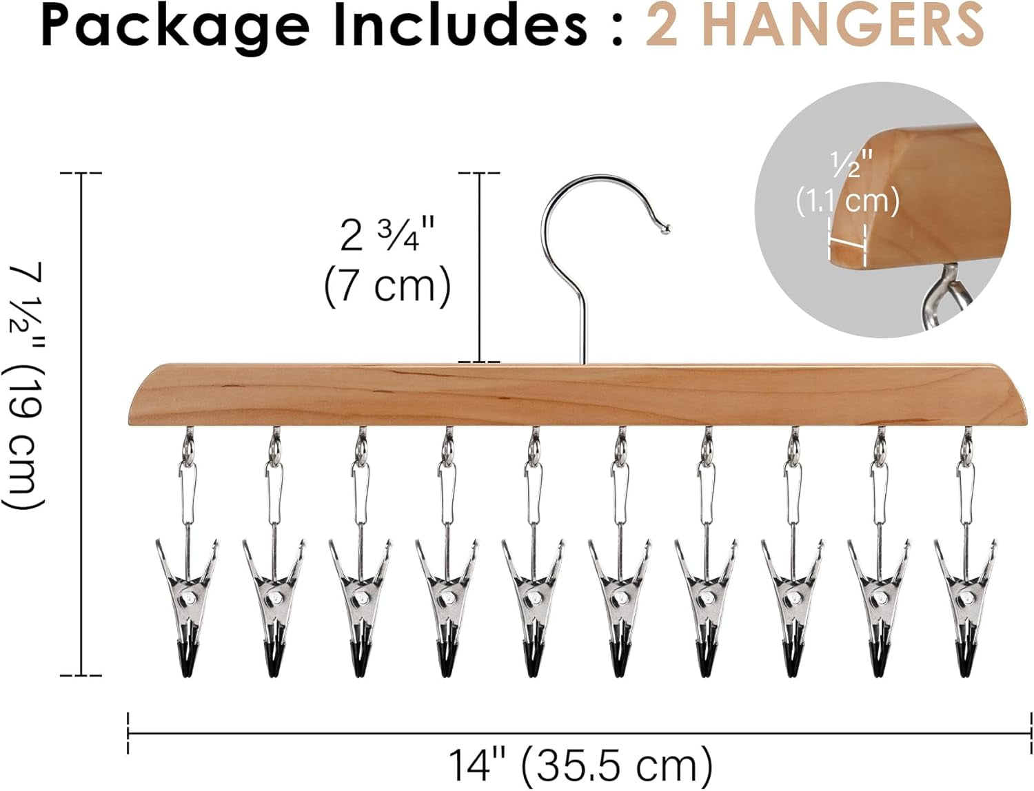 Hat Rack, Closet Organizer and Storage for Baseball Caps,Set of 2 with 10 Adjustable Stainless Steel Clips, Fits All Caps, Natural Wood Color