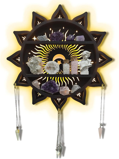 Chakra Lotus Flower Crystal Display Shelf with LED Light, Witchy Home Decor Boho Decorative Wall Mounted Trinket Shelf Wooden Sun Moon Shelf Rock Case Stone Storage Floating Hanging Holder