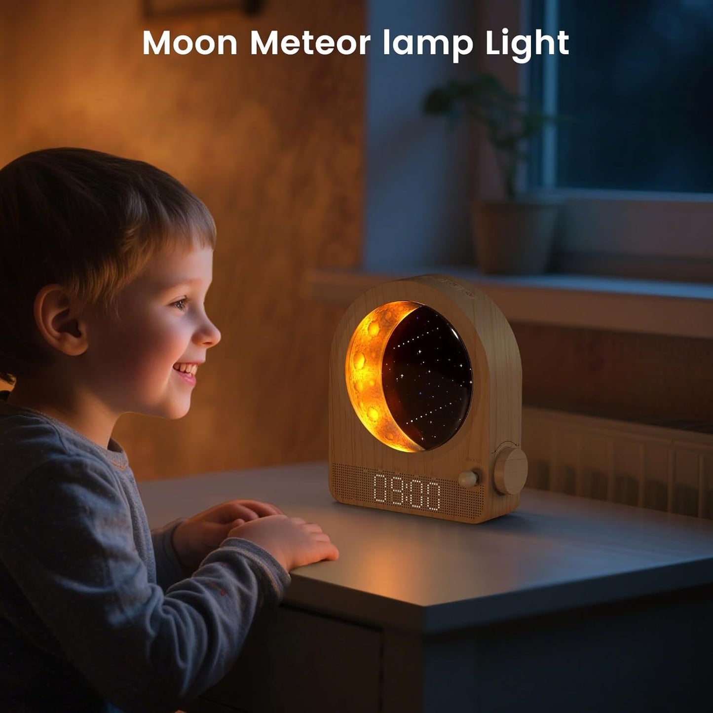 Sunrise Alarm Clock, White Noise Machine & Meteor Moonlight - 10 Soothing Sounds, Dual Alarms, 30/60/90Min Timer, Easy Snooze - Bedroom Gift for Insomnia Adults/Women - Wood Grain