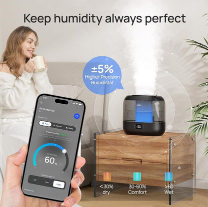 Smart Humidifiers for Bedroom, Top Fill 4L Supersized Humidifier Large Room with 28 Db, 36H Runtime, Touch/App/Voice Control, Nightlight, Cool Mist Humidifiers for Baby, Plants, Indoor, Black