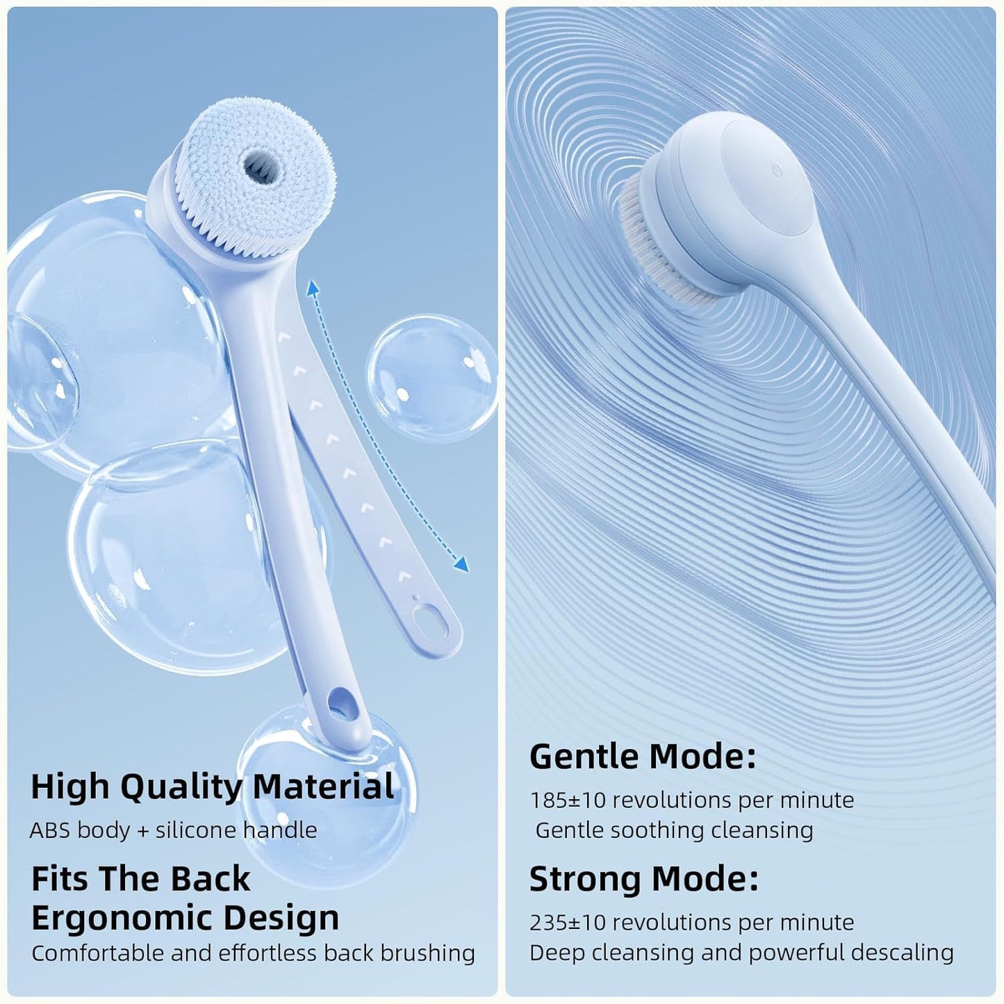 Electric Body Brush Back Scrubber for Shower, Waterproof Long Dual Handle Power Body Scrubber with 3 Heads, Bath Brush & 2 Speeds, for Cleansing, Exfoliating and Massaging Skin, Sky Blue