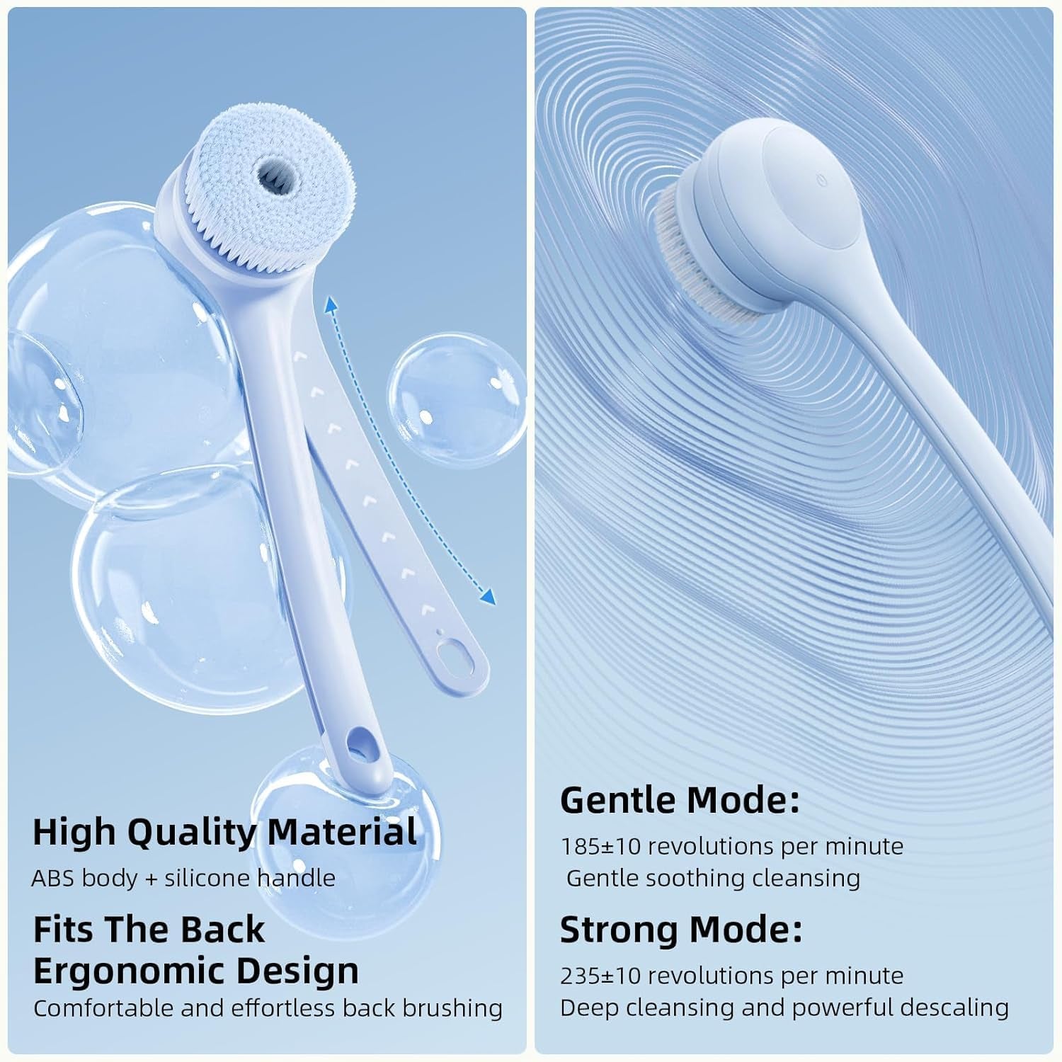 Electric Body Brush Back Scrubber for Shower, Waterproof Long Dual Handle Power Body Scrubber with 3 Heads, Bath Brush & 2 Speeds, for Cleansing, Exfoliating and Massaging Skin, Sky Blue