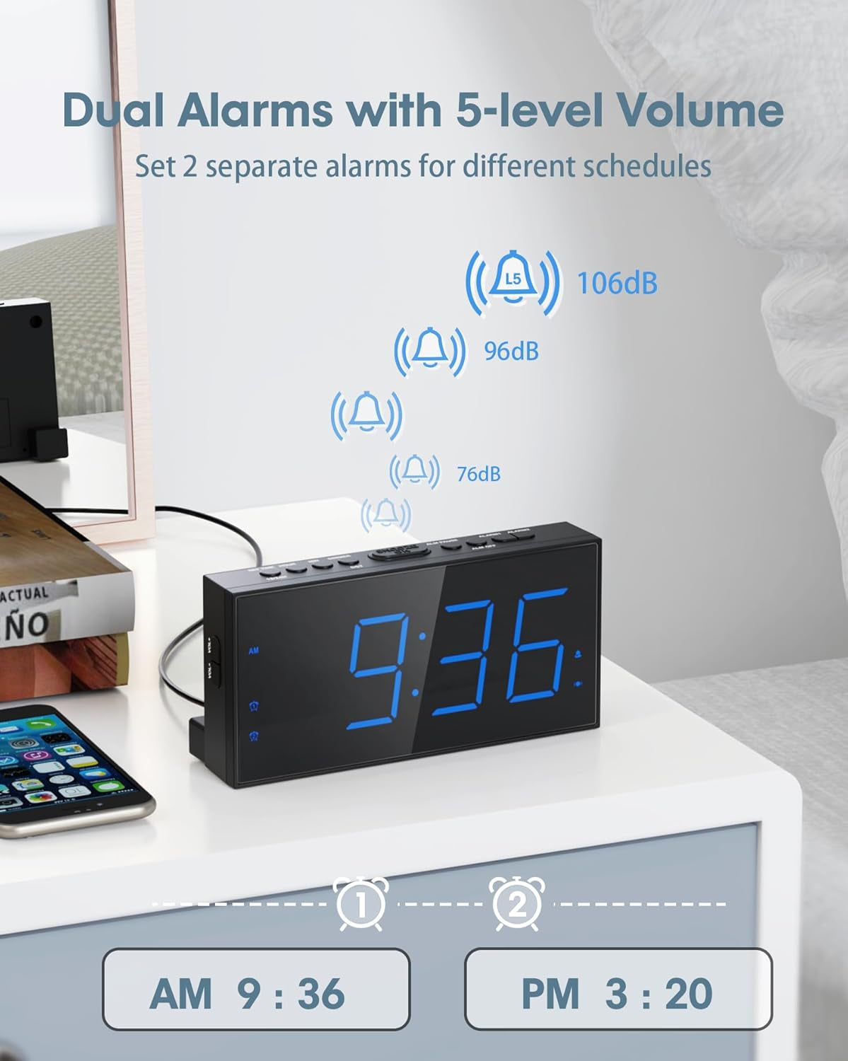 Loud Alarm Clock with Bed Shaker, Vibrating Alarm Clock for Heavy Sleepers/Hard of Hearing/Deaf,Dual Alarms, 7.5’’ Large LED Display, Dimmer, USB Charging Port, Plug-In with Memory Function
