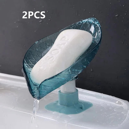 Leaf Design Drain Soap Box with Suction Cup Decorative Plastic Self Draining Bathroom Soap Tray Bathroom Organizers Storage