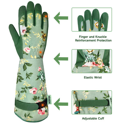 Gardening Gloves for Women, Comfortable Floral Long Sleeve Garden Gloves for Gardening and Outdoor Work, Durable Leather Long Gardening Gloves, Great Gift Ideas for Ladies, Green Print (Large)