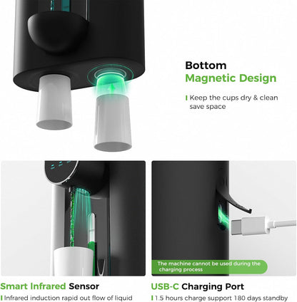 Automatic Mouthwash Dispenser 18.26 Oz Touchless Mouthwash Dispenser for Bathroom 2 Magnetic Cup USB Rechargeable and 3 Dispensing Levels with Led Screen Wall-Mounted or Countertop Use-Black