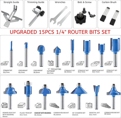 Router Tool, 110V 800W Compact Wood Router Tool for Woodworking, Electric Hand Trimmer 1/4" Collets Palm Wood Router Tools Laminate Trimmer + Tungsten Carbide Router Bits 15-Piece Set
