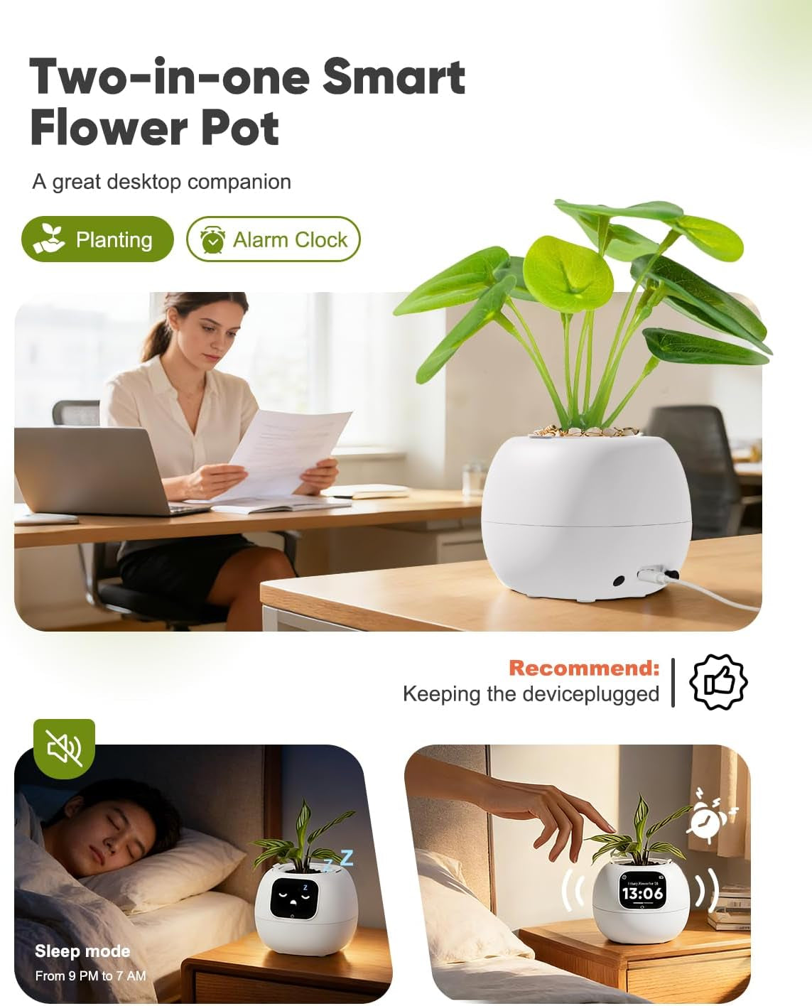 Smart Flower Pot, Smart Pet Planter Robot Guidance on Plant Care with Emoticons, Adorable Plant Companion with Alarm Clock, Living Room Desk Setup Gift