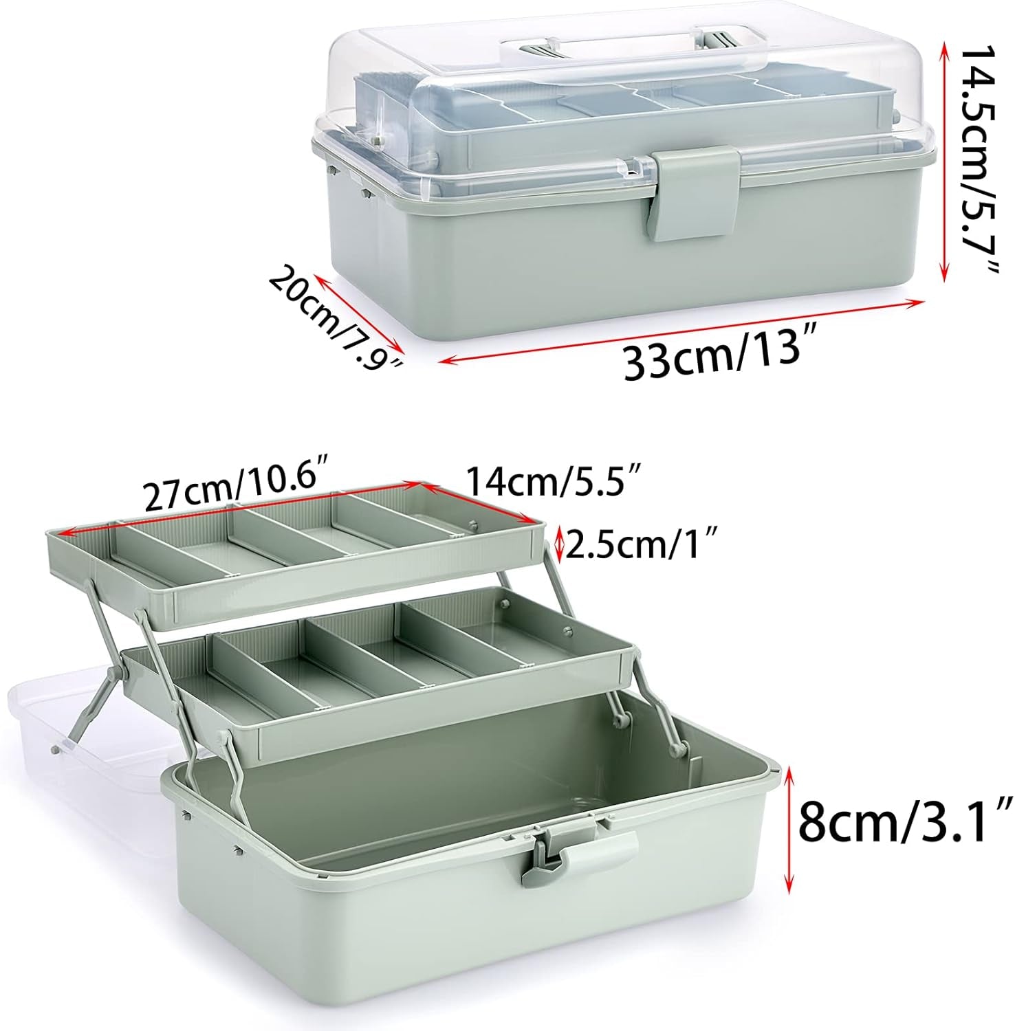 3-Layer Plastic Dividing Storage Box Craft Organizer and Storage with Adjustable Spacers Portable Handled Art Supply Organizer Multipurpose Home Utility Box for Medicine Sewing(Haze Green)