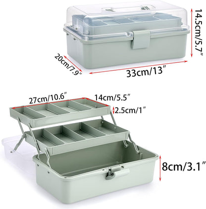 3-Layer Plastic Dividing Storage Box Craft Organizer and Storage with Adjustable Spacers Portable Handled Art Supply Organizer Multipurpose Home Utility Box for Medicine Sewing(Haze Green)