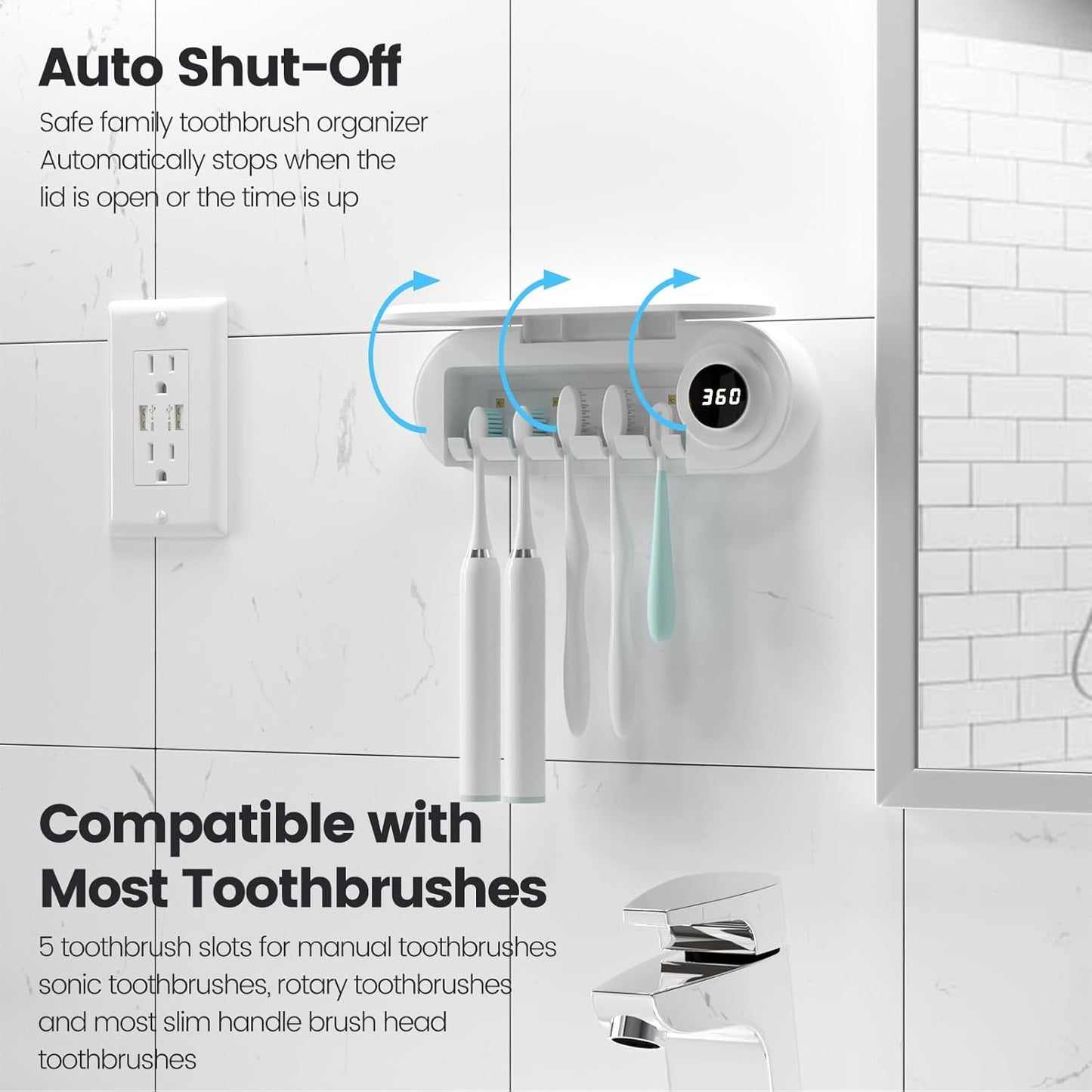 Toothbrush Holder, 5 Toothbrush Slots & Timer Function, Cordless Wall Mounted Toothbrush Holders for Bathrooms