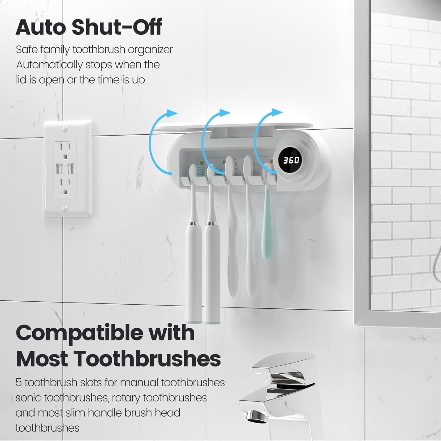 Toothbrush Holder, 5 Toothbrush Slots & Timer Function, Cordless Wall Mounted Toothbrush Holders for Bathrooms
