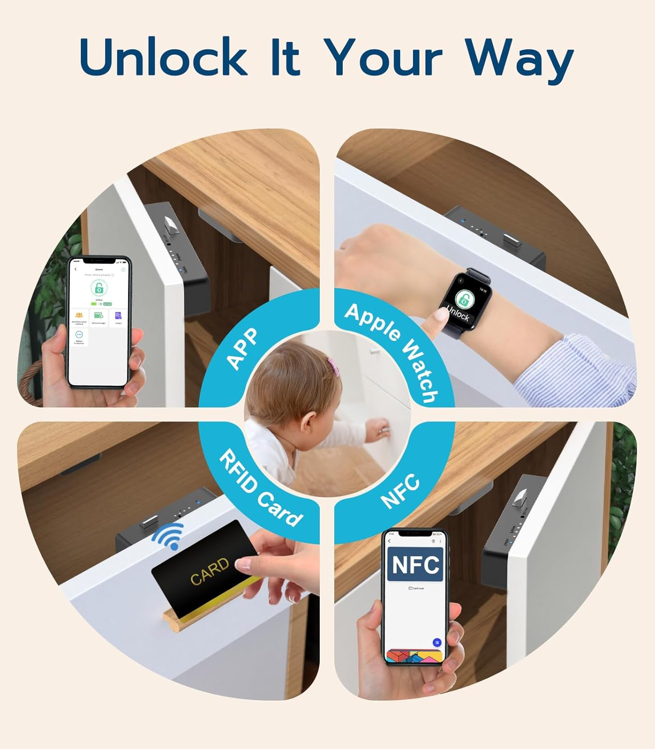 Cabinet Lock NFC RFID Card  Slim Hidden Drawer Lock for Child Safety Cupboard Door Liquor File Kitchen Pantry Furniture Double-Layer Drawer No Drilling Required Black