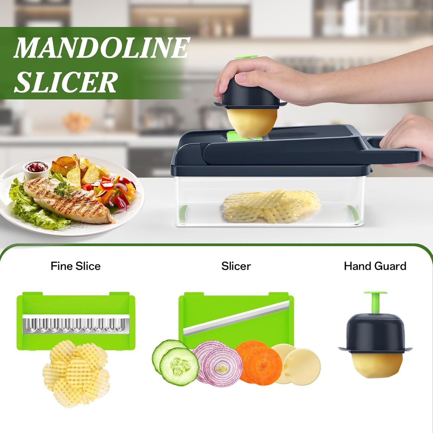 Vegetable Chopper Vegetable Cutter, 12 in 1 Kitchen Gadget, Dicer, Slicer, Onion Cutter, Salad, Cheese Grater & Egg Separator - Multi-Functional Veggie Chopper Lid with Handle (Green)