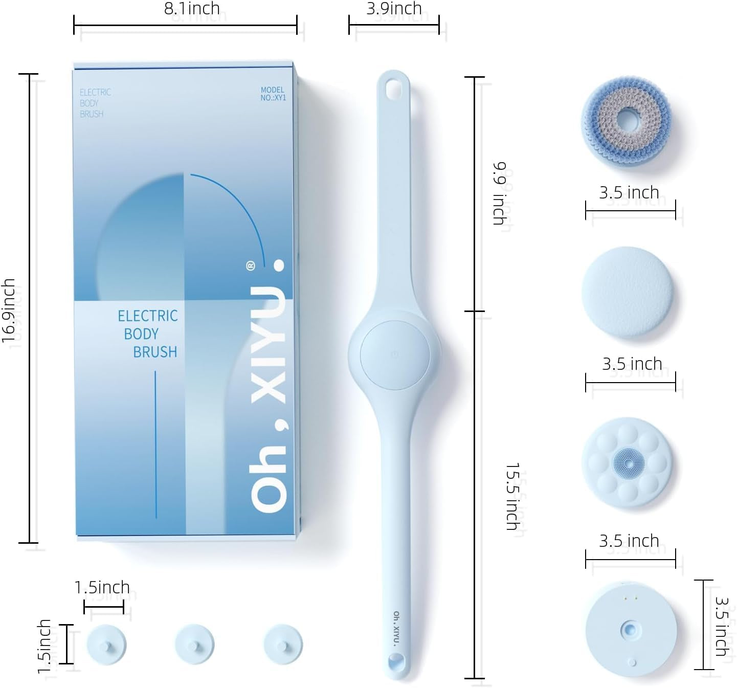 Electric Body Brush Back Scrubber for Shower, Waterproof Long Dual Handle Power Body Scrubber with 3 Heads, Bath Brush & 2 Speeds, for Cleansing, Exfoliating and Massaging Skin, Sky Blue