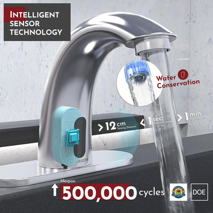 Automatic Motion Sensor Hands Free Electronic Infrared Smart Commercial Touchless Bathroom Sink Faucet with Cover Plate Temperature Mixer Battery or Plug-In Powered Chrome