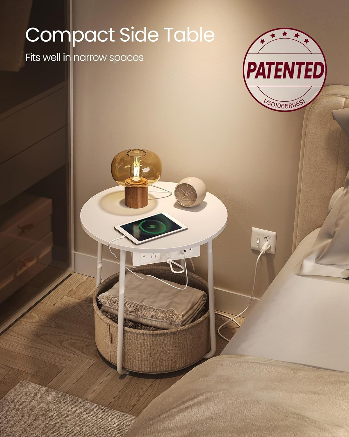 LILEA Collection - Side Table with Charging Station, round End Table with Fabric Basket, Nightstand with USB Ports, for Living Room, Bedroom, Modern, Matte White and Camel Brown ULET228W01