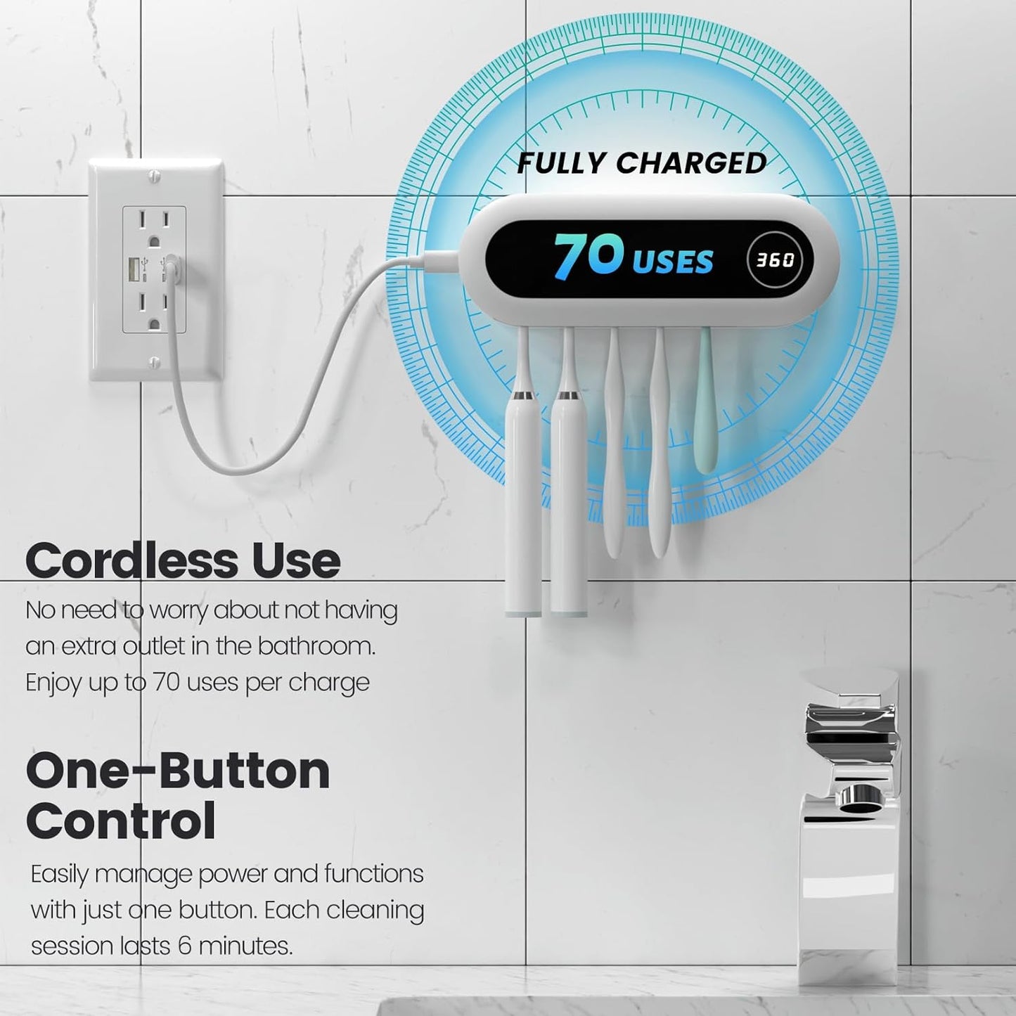Toothbrush Holder, 5 Toothbrush Slots & Timer Function, Cordless Wall Mounted Toothbrush Holders for Bathrooms