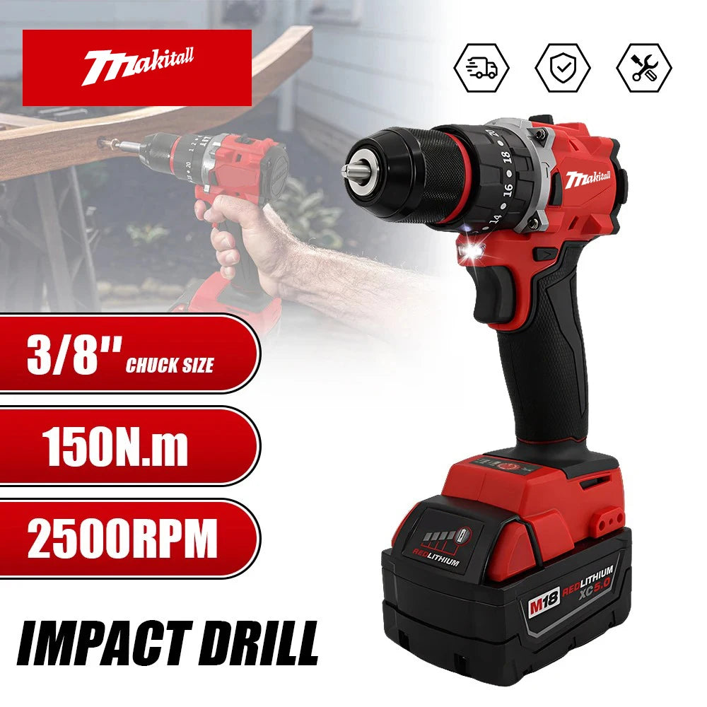 Small Electric Drill 150N.m brushless Cordless Impact Drill of Decoration Team for 18V Milwaukee Battery pin Power Tool
