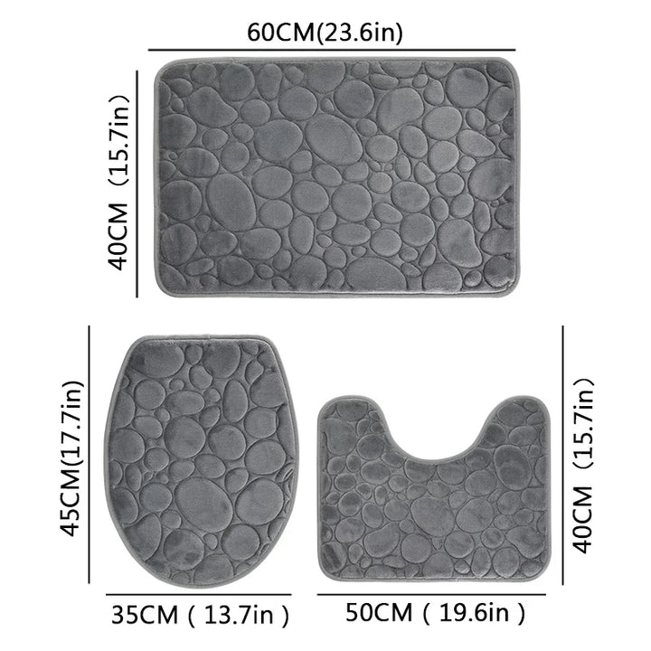 Elevate Your Bathroom with Our Luxurious Three-Piece Non-Slip Floor Mat Set – Soft, Water-Absorbing, and Eco-Friendly Design with Modern Stone Pattern