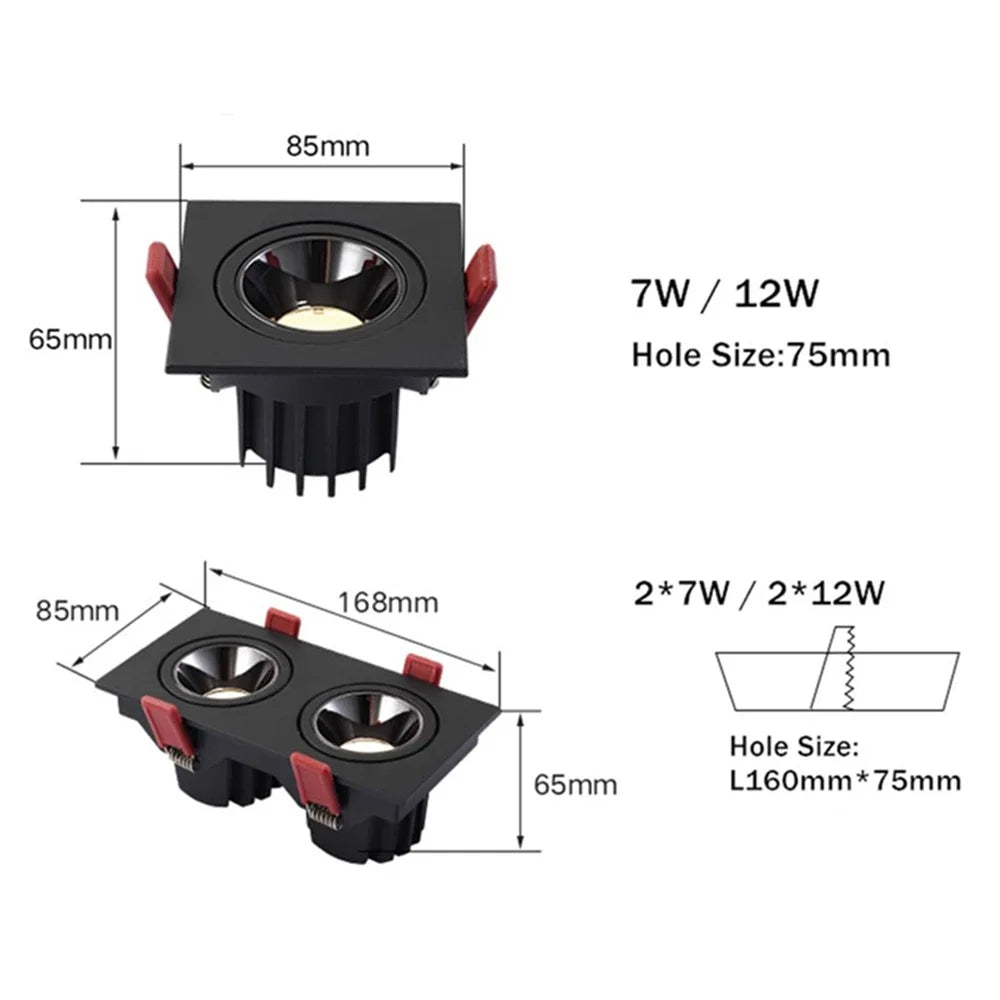 Led Downlight Recessed Deep Anti-glare Led Ceiling Downlights Single/ Double Dimmable 12W 24W For Home Bedroom Spot Office Lamp