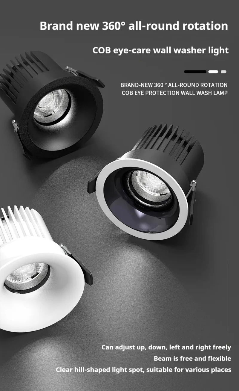 Recessed LED Downlight COB 9W 12W 15W 18W 24W 360° Adjustable Angle Ceiling Lamp Round Panel Light Dimmable Spotlight 110V 220V