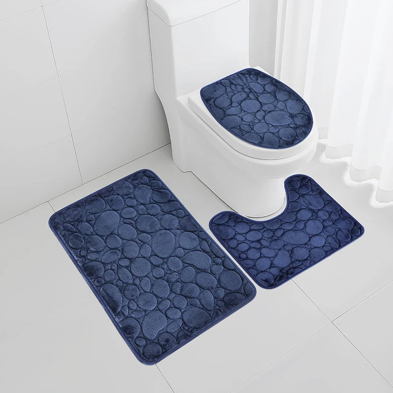 Elevate Your Bathroom with Our Luxurious Three-Piece Non-Slip Floor Mat Set – Soft, Water-Absorbing, and Eco-Friendly Design with Modern Stone Pattern