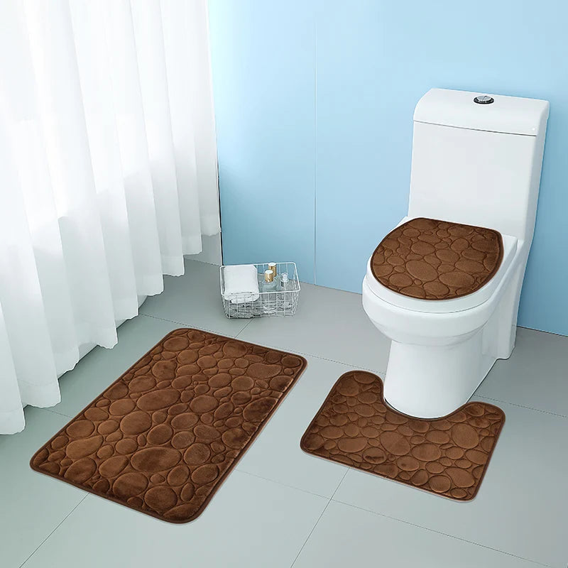 Elevate Your Bathroom with Our Luxurious Three-Piece Non-Slip Floor Mat Set – Soft, Water-Absorbing, and Eco-Friendly Design with Modern Stone Pattern