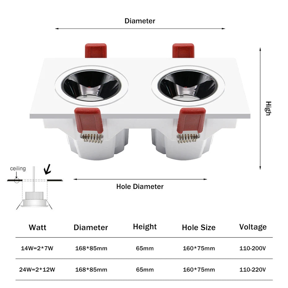 Led Downlight Recessed Deep Anti-glare Led Ceiling Downlights Single/ Double Dimmable 12W 24W For Home Bedroom Spot Office Lamp