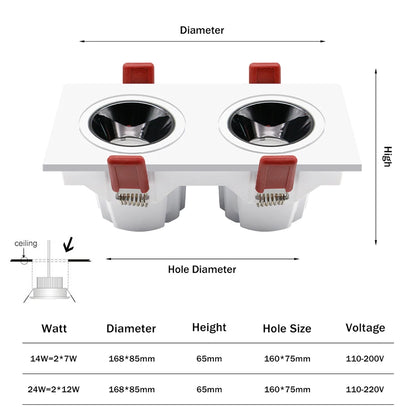 Led Downlight Recessed Deep Anti-glare Led Ceiling Downlights Single/ Double Dimmable 12W 24W For Home Bedroom Spot Office Lamp