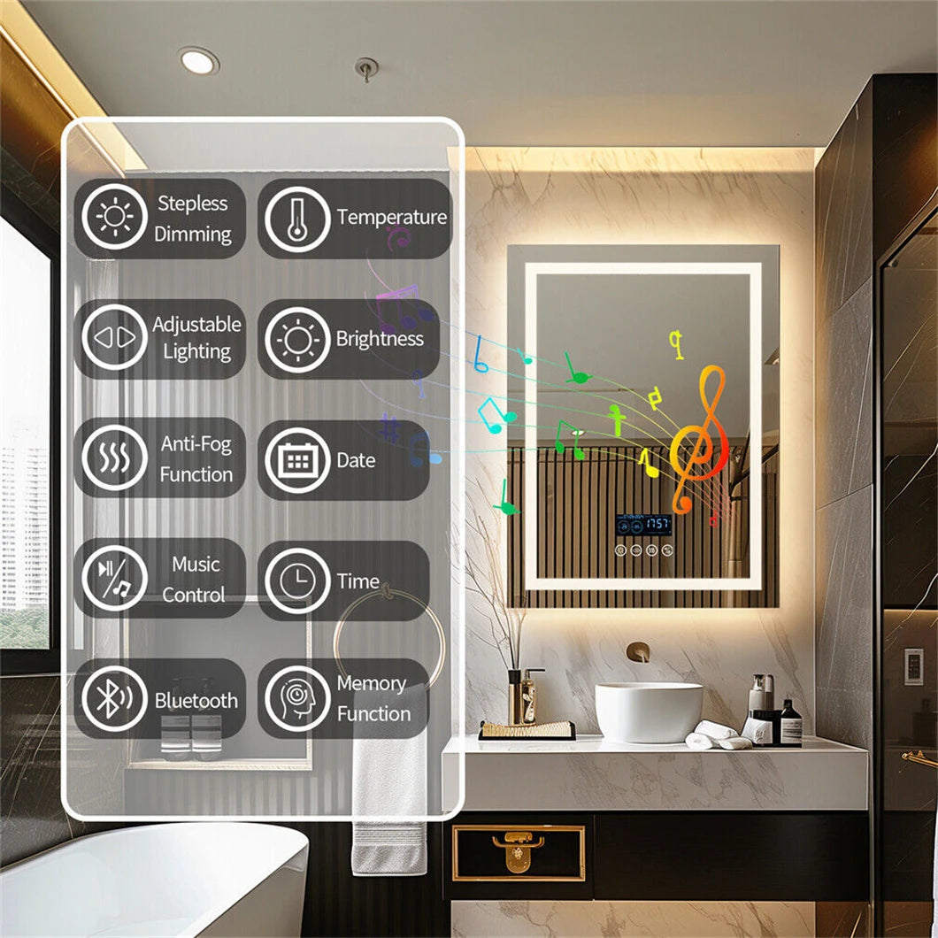 Transform Your Bathroom with the Smart LED Rectangular Mirror Featuring Bluetooth Speakers, Time & Temperature Display, and Anti-Fog Technology