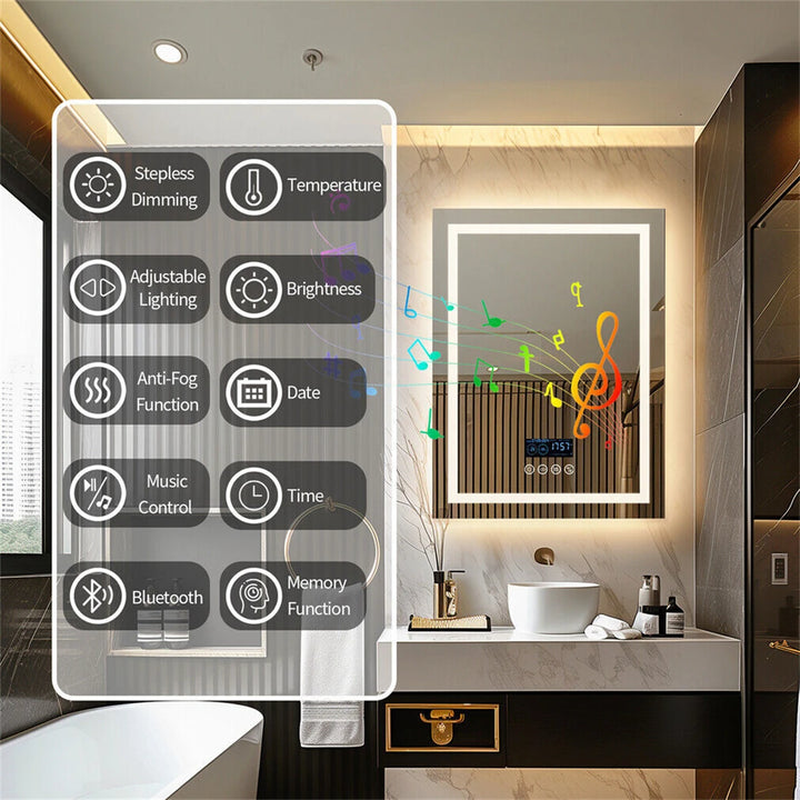 Transform Your Bathroom with the Smart LED Rectangular Mirror Featuring Bluetooth Speakers, Time & Temperature Display, and Anti-Fog Technology
