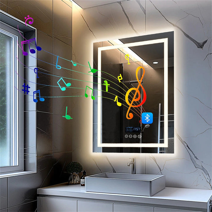 Transform Your Bathroom with the Smart LED Rectangular Mirror Featuring Bluetooth Speakers, Time & Temperature Display, and Anti-Fog Technology