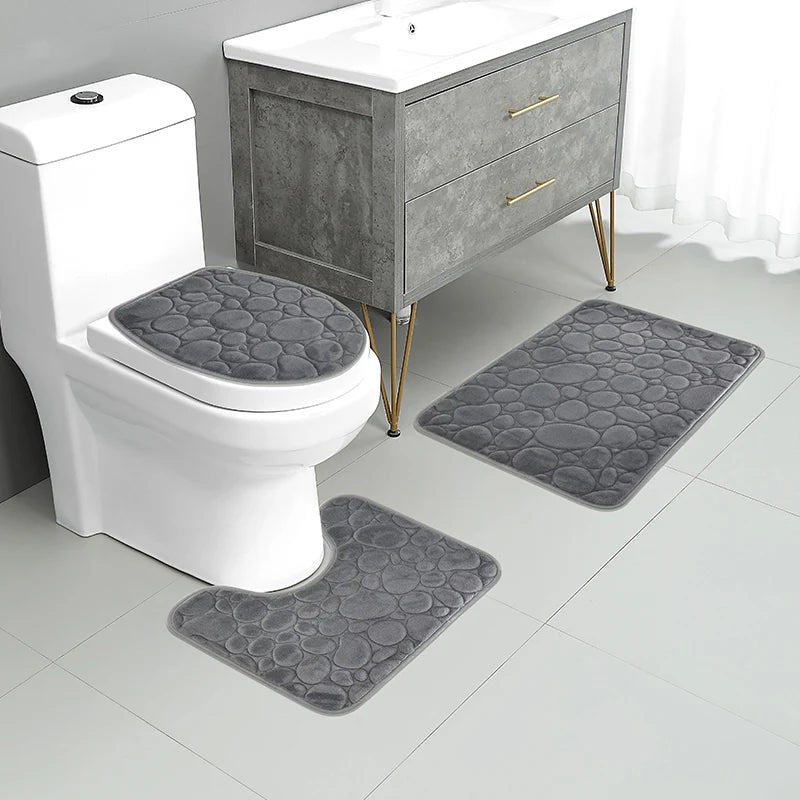 Elevate Your Bathroom with Our Luxurious Three-Piece Non-Slip Floor Mat Set – Soft, Water-Absorbing, and Eco-Friendly Design with Modern Stone Pattern