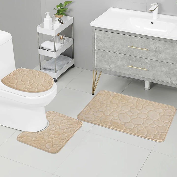 Elevate Your Bathroom with Our Luxurious Three-Piece Non-Slip Floor Mat Set – Soft, Water-Absorbing, and Eco-Friendly Design with Modern Stone Pattern
