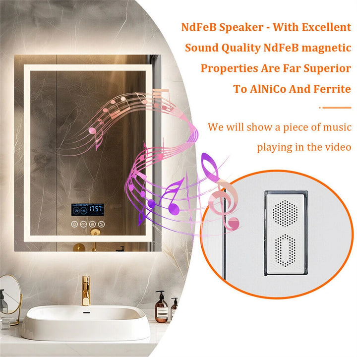 Transform Your Bathroom with the Smart LED Rectangular Mirror Featuring Bluetooth Speakers, Time & Temperature Display, and Anti-Fog Technology