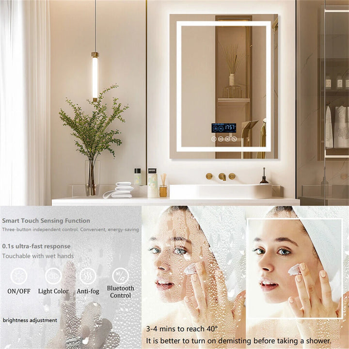 Transform Your Bathroom with the Smart LED Rectangular Mirror Featuring Bluetooth Speakers, Time & Temperature Display, and Anti-Fog Technology