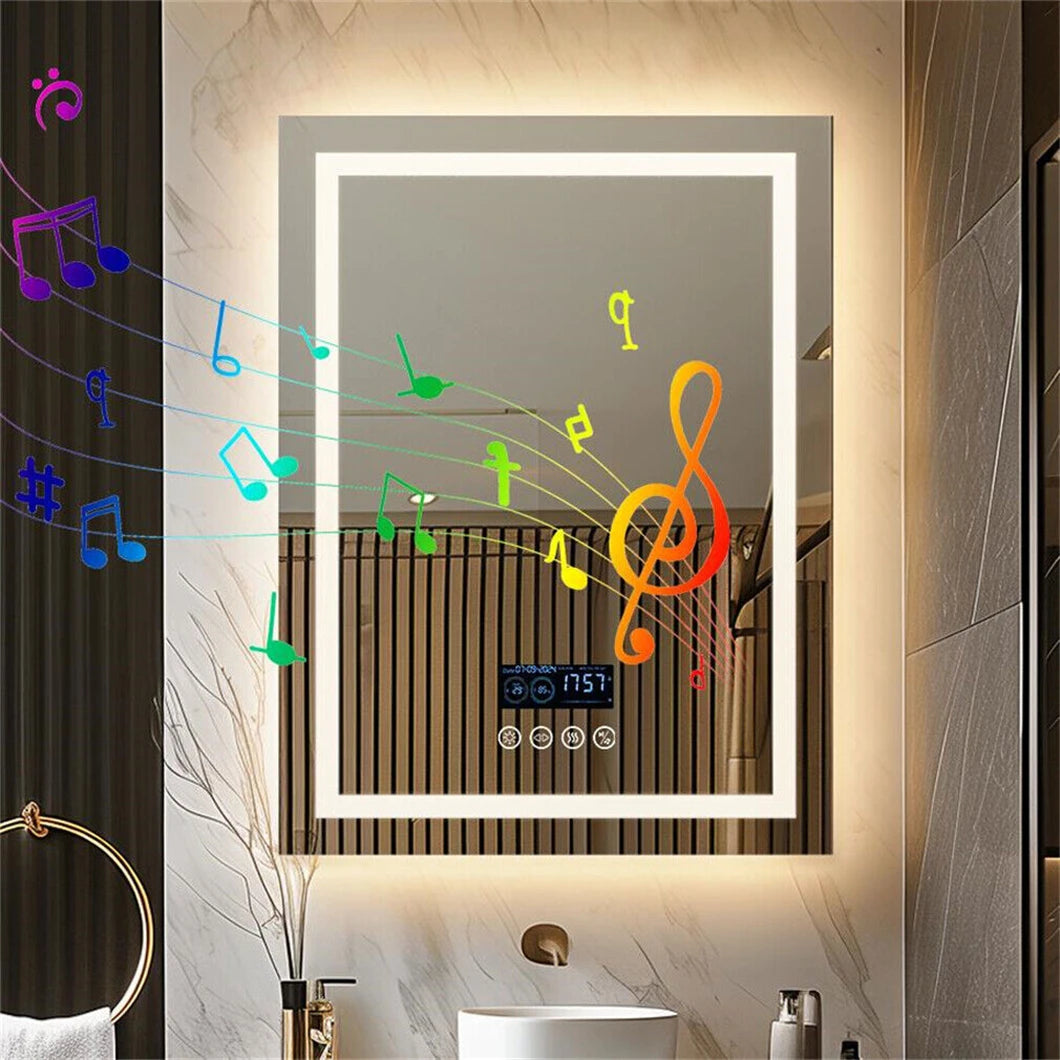Transform Your Bathroom with the Smart LED Rectangular Mirror Featuring Bluetooth Speakers, Time & Temperature Display, and Anti-Fog Technology