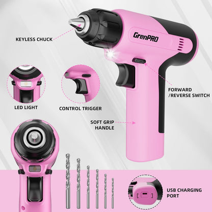 Pink Tool Set Drill Set, 188PCS Tool Kit for Home with Pink Cordless Drill Power, Hand Tool Kit for Women, Basic Household Auto Car Repair Tool Box for Men, Portable Storage Box Tools Sets