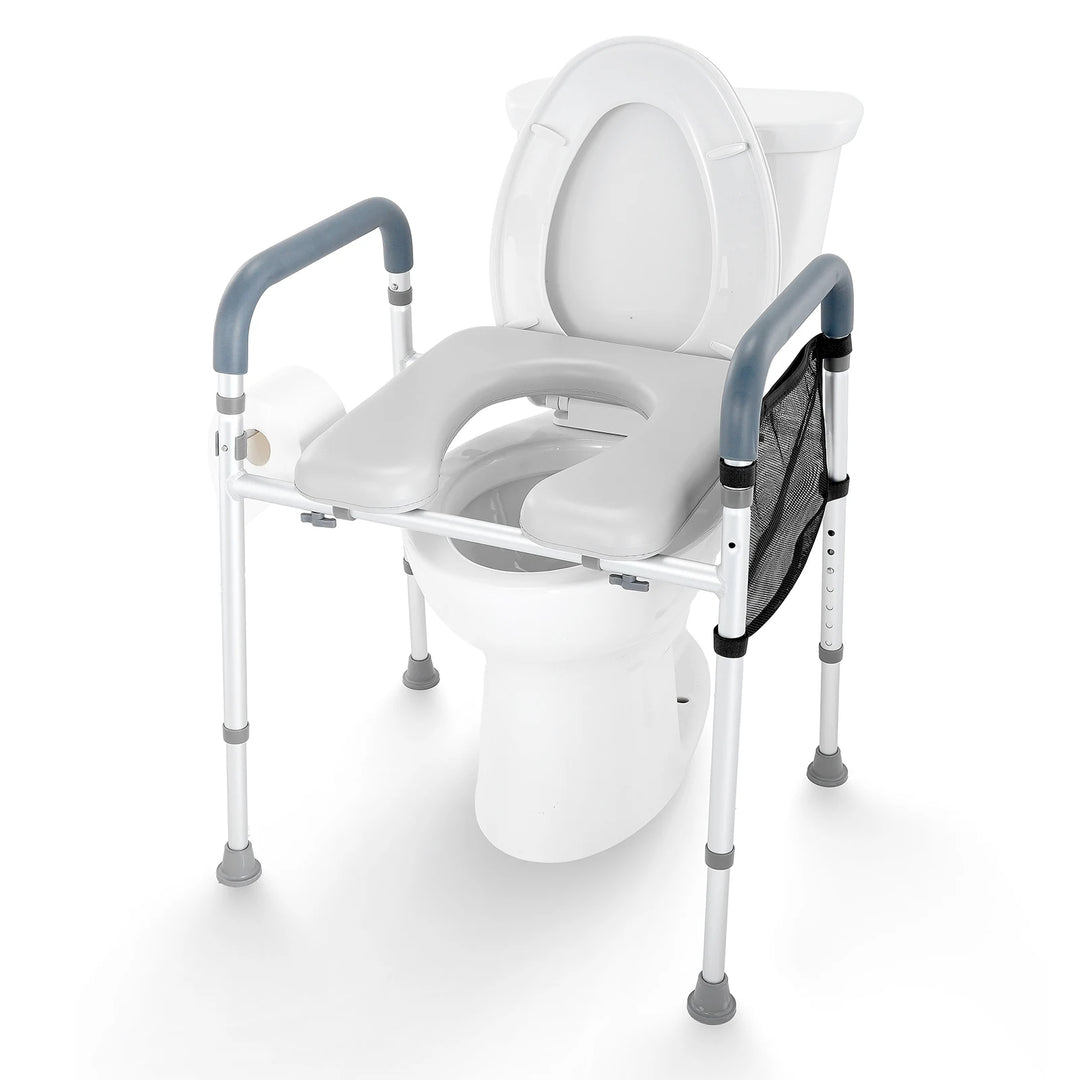 Adjustable Raised Toilet Seat with 7 Height Positions, 19.3" - 25.2" Range, 350 lbs Weight Capacity, and Comfort Padded Aluminum Frame