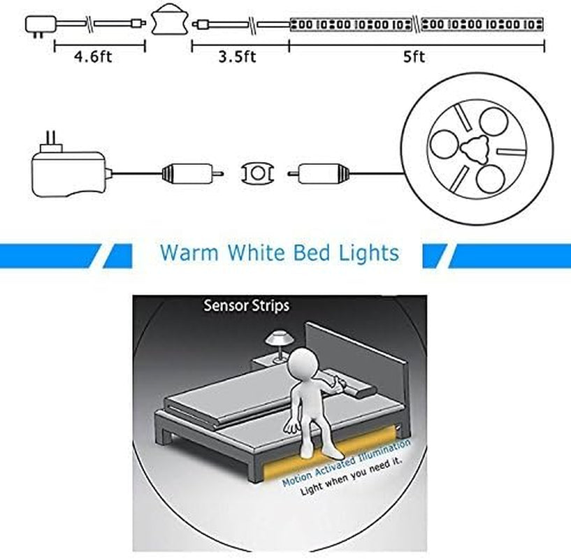 Motion Activated Bed Light, Flexible LED Strip Motion Sensor Night Light Bedside Lamp Illumination with Automatic Shut off Timer (Warm Soft Glow)