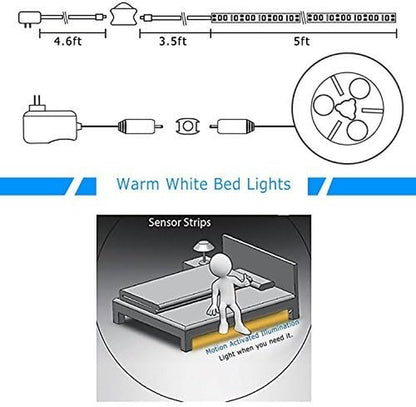 Motion Activated Bed Light, Flexible LED Strip Motion Sensor Night Light Bedside Lamp Illumination with Automatic Shut off Timer (Warm Soft Glow)