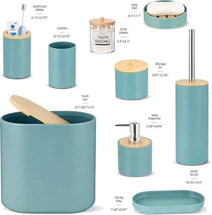 Bathroom Accessories Set 11Pcs,Complete Bathroom Organizer with Trash Can,Soap Dispenser,Toothbrush Holder,Toilet Brush & Qtip Holders,Modern Plastic Bathroom Decor for Home & Apartment (Blue)